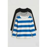 Unisex%100 Pamuk Uzun Kollu 3'lü Çocuk Sweatshirt Seti – Çizgili & Düz Basic Saks Mavi Çzigili
