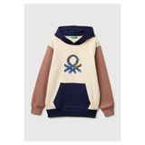 United Colors of Benetton Erkek Çocuk Bej Mix Önü Logo Baskılı Kanguru Cepli Kapüşonlu Sweatshirt