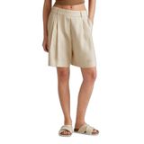 United Colors of Benetton Kadın Taş Rengi%100 Keten Arka Beli Lastikli Pileli Relax Fit Bermuda Şort