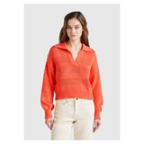 United Colors of Benetton Kadın Turuncu%100 Pamuk Şerit Efektli Relax Fit Polo Yaka Kazak