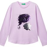 United Colors of Benetton Kız Çocuk Lila Önü Pullu Baskı Detaylı Etek Ucu Yuvarlak Uzun Kollu T-Shirt