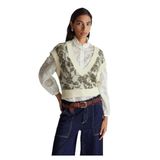 United Colors of Benetton Yün Desenli V Yaka Kolsuz Kazak, s, 125A1VAAE403E, Krem, Kadın