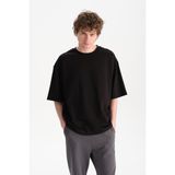 Uniu Erkek Siyah Oversize Bisiklet Yaka Organik Pamuk T-Shirt - XL
