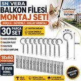 Universal Balkon Filesi Montaj Seti 30 Parça 18X60 Piton Kanca 8 mm Dübel Kedi Güvenlik