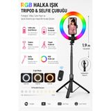 Universal RGB Halka Işık Tripod Selfie Çubuğu 1.9 m, 3 Işık Tonlu ve Renkli Efektli, Bluetooth Kumandalı, 1200 mAh Şarjlı Telefon Tutucu Ring Light