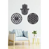Unt Ahşap Yaşam Çiçeği Sri Yantra Ve Hamsa Bolluk Bereket Sembolleri Üçlü Dekoratif Tablo Duvar Süsü Siyah 30 X 30