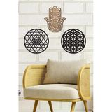 Unt Ahşap Yaşam Çiçeği Sri Yantra Ve Hamsa Bolluk Bereket Sembolleri Üçlü Dekoratif Tablo Duvar Süsü Siyah-Ceviz 30 X 30