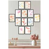 Unt Çerçeve Görünümlü Pastel Çiçekler Duvar Tablosu Seti – Minimal Suluboya Çiçek Posterleri (12’Li Set) Çok Renkli 15 X 20