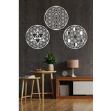 UNT Kutsal Geometri 3 lü Set, Yaşam Çiçeği, Merkaba, Ay Evreleri Duvar Dekoru, Ahşap Dekoratif Tablo Beyaz 48 x 48 UNTNM231