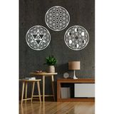 Unt Kutsal Geometri 3 Lü Set, Yaşam Çiçeği, Merkaba, Ay Evreleri Duvar Dekoru, Ahşap Dekoratif Tablo Beyaz 48 X 48