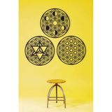 Unt Kutsal Geometri 3 Lü Set, Yaşam Çiçeği, Merkaba, Ay Evreleri Duvar Dekoru, Ahşap Dekoratif Tablo Siyah 48 X 48