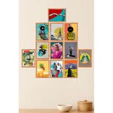 Unt Modern Kolaj Sanat Tasarımlı 12’Li Dekoratif Ahşap Çerçeve Görünümlü Mdf Tablo Seti Çok Renkli 15 X 20