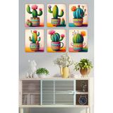 Unt Renkli Kaktüs Set Duvar Dekoru Süsü, Ahşap Dekoratif 6 Parça Tablo Renkli 17 X 21