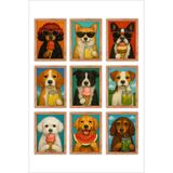Unt Sevimli Köpekler Çerçeve Görünümlü 9 Adet Ahşap Çerçeve Görünümlü Duvar Tablosu Çok Renkli 15 X 20