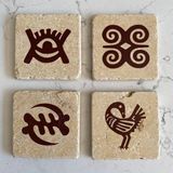 Unt Taş Bardak Altlığı Stone Coasters - 4 Lü Set Adinkra Sembolleri