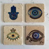 Unt Taş Bardak Altlığı Stone Coasters - 4 Lü Set Hamsa, Nazar Boncuğu