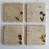 Unt Taş Bardak Altlığı Stone Coasters - 4 Lü Set Minimalist Çiçekler