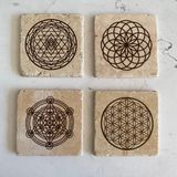Unt Taş Bardak Altlığı Stone Coasters - 4 Lü Set Yaşam Çiçeği, Lotus, Sri Yantra, Metatron