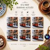Upeka 6'lı Vintage Şık Tasarım Mdf Ahşap Dekoratif Hediyelik Bardak Altlığı - Tramvay