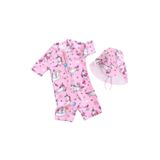 UPF50+ Pembe Unicorn Mavi Balon Desenli Kız Çocuk Şapka Mayo Set Pembe 3-5 Yaş
