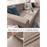Upmall Streç Lastikli Esnek Yikanabilir Kare Desen Berjer Kotuk Örtüsü Takımı (3+3+1+1) Koltuk Kılıfı - 180 x 230 cm - Vizon