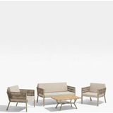 Upstyle Lido Bahçe & Balkon Oturma Takımı | Metal Karkas, 2+2 Koltuk, Teak Sehpa - Krem