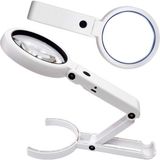 Upway 8 Led'li Şarjlı Profesyonel 5X/11X Katlanabilir Büyüteç - El ve Masaüstü Çift Mercek Büyüteç - Beyaz - 200x90 mm - Katlanır