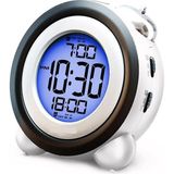 Upway LED Işıklı Yüksek Zil Sesli Dijital Masa Saati Zaman Tarih Çift Alarm - Beyaz - Siyah - 11,5 x 7 cm