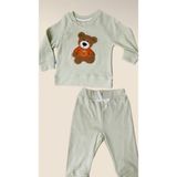 Uras Desing Ayıcık Nakışlı Fitilli Alt Üst Unisex Model Bebek Takımı - Açık Yeşil - 1,5 - 2 Yaş