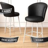 Uras Serisi 2 Adet Deri Bar Sandalyesi Deri Ada Mutfak Sandalyesi Beyaz Metal Ayaklı - Siyah