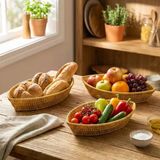 Uravas Store® 3’Lü Kayık Formlu Plastik Rattan Sepet Seti–Hasır Görünümlü Ekmek, Meyve Ve Sunum Sepetleri, Çok Amaçlı Masaüstü Organizer