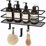 Uravas Store Alper Banyo Siyah Yapışkanlı Banyo Rafı, 2 Kancalı Duvar Tipi Banyo Organizer, Şampuanlık ve Aksesuar Rafı, Delmeden Kolay Kurulumlu Metal Banyo Düzenleyici