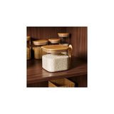 Uravas Store Deconox 600 ml Bambu Kapaklı ve Kaşıklı Kare Cam Kavanoz, Vakumlu Ahşap Kapaklı Baharatlık, Kendinden Kaşık Yuvalı Şeker, Kahve ve Banyo Tuzu Saklama Kabı