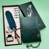 Uravas Store Deri Defter ve Tüylü Mürekkepli Kalem Seti Yeşil