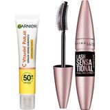Uravas Store Garnier C Vitamini Günlük Uv Korumalı Güneş Yüz Kremi SPF50 Görünmez Doku 40ML & Maybelline New York Lash Sensational Yelpaze Etkili Intense Black Maskara