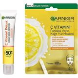 Uravas Store Garnier C Vitamini Parlak Günlük Uv Korumalı Güneş Yüz Kremi SPF50 Işıltılı Doku 40ML & C Vitamini Parlaklık Verici Kağıt Yüz Maskesi Cilt Bakım Seti