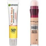 Uravas Store Garnier C Vitamini Parlak Günlük Uv Korumalı Güneş Yüz Kremi SPF50 Işıltılı Doku 40ML & Maybelline New York Instant Anti Age Eraser Kapatıcı, 01 Light, 6.8 ml