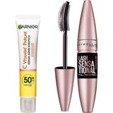 Uravas Store Garnier C Vitamini Parlak Günlük Uv Korumalı Güneş Yüz Kremi SPF50 Işıltılı Doku 40ML & Maybelline New York Lash Sensational Yelpaze Etkili Intense Black Maskara