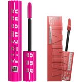 Uravas Store Maybelline New York Lash Sensational Firework Maskara & Super Stay Vinyl Ink Uzun Süre Kalıcı Likit Parlak Ruj 15 Peachy Makyaj Seti