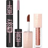 Uravas Store Maybelline New York Lash Sensational Sky High Cosmic Black Maskara + Lifter Gloss Nemlendirici Dudak Parlatıcısı- 009 Topaz Makyaj Seti