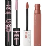 Uravas Store Maybelline New York Lash Sensational Sky High Cosmic Black Maskara + Super Stay Matte Ink Likit Mat Ruj, 65 Seductress Makyaj Seti
