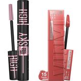 Uravas Store Maybelline New York Lash Sensational Sky High Cosmic Black Maskara + Super Stay Vinyl Ink Uzun Süre Kalıcı Likit Parlak Ruj 15 Peachy