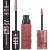 Uravas Store Maybelline New York Lash Sensational Sky High Cosmic Black Maskara + Super Stay Vinyl Ink Uzun Süre Kalıcı Likit Parlak Ruj 35 Cheeky Makyaj Seti