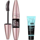 Uravas Store Maybelline New York Lash Sensational Yelpaze Etkili Intense Black Maskara - Ekstra Siyah 9.5 ml & Mini Fit Me Matte - Poreless Matlaştırcı Makyaj Bazı Makyaj Seti