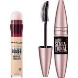 Uravas Store Maybelline New York Lash Sensational Yelpaze Etkili Intense Black Maskara - Ekstra Siyah & Instant Anti Age Eraser Kapatıcı - 00 Ivory Makyaj Seti