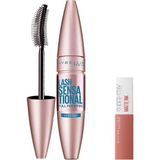 Uravas Store Maybelline New York Lash Sensational Yelpaze Etkili Suya Dayanıklı Siyah Maskara 9.4 ml & Mini Super Stay Matte Ink Likit Mat Ruj 65 Seductress Makyaj Seti