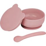 Uravas Store Meleni Baby 2'li Bebek Beslenme Seti - Vakumlu Silikon Kapaklı Mama Kasesi - Diş Kaşıyıcı Mama Kaşığı - Pembe