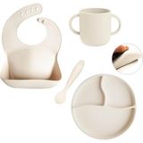 Uravas Store Meleni Baby 4'lü Silikon Beslenme Seti - Silikon Mama Önlüğü Kulplu Bardak Vakum Tabanlı Tabak Mama Kaşığı Krem