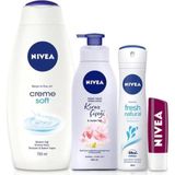 Uravas Store Nıvea Banyo Seti,cream Soft Duş Jeli 750 Ml,fresh Natural Kadın Deodorant 150 Ml,vücut Losyonu 400 Ml,böğürtlen Dudak Bakım Kremi ve Banyo Terliği Hediye!