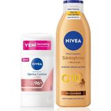 Uravas Store Nıvea Q10 Sıkılaştırıcı Bronzluk Vücut Losyonu 200ML ve Kadın Stick Deodorant Derma Control Clinical 50ML